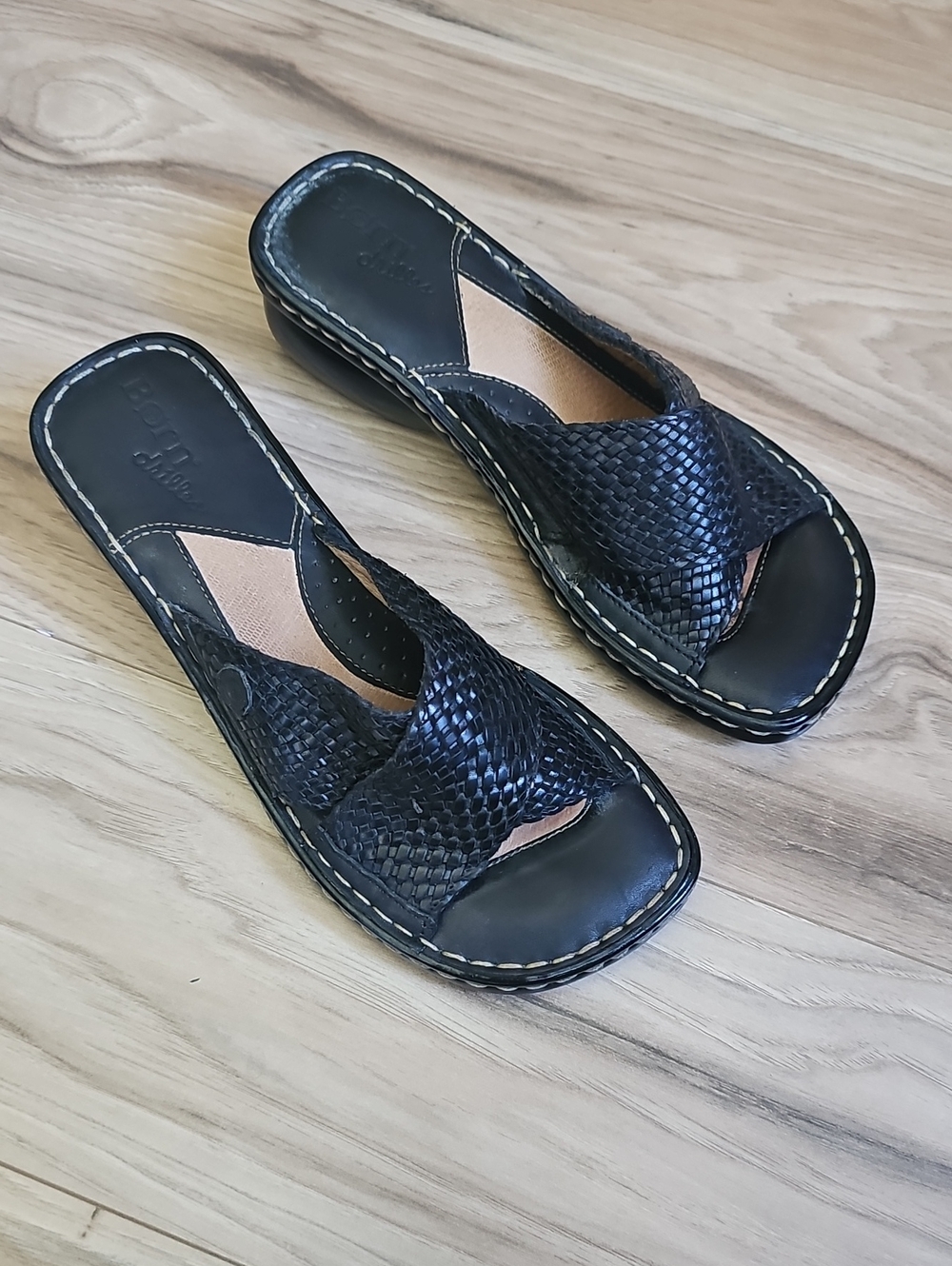 Born Black Woven Leather Slide Mules